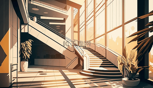 立体插画背景图片_办公楼楼梯建筑