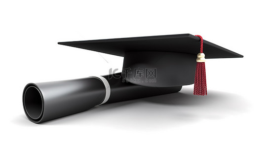 白色背景，带有毕业帽和横幅的独立 3D 插图