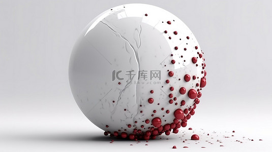 白色混凝土球体，具有红色气泡 3D 渲染的白色背景上的外星物体