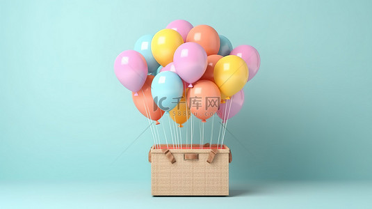 双11悬浮框背景图片_通过 3D 渲染创建的柔和墙壁上气球的帮助下，礼品盒悬浮在空中的提升概念