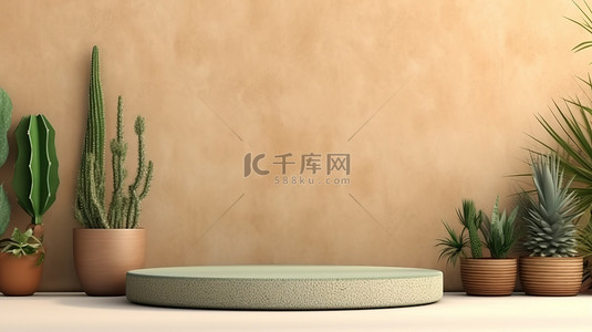 背景米色背景图片_用于产品展示的仙人掌背景米色和绿色混凝土讲台的 3D 渲染