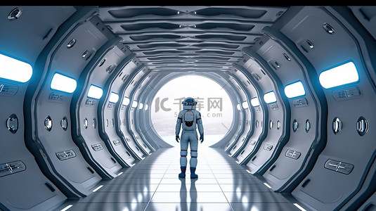 船中船背景图片_未来派走廊中的孤独太空行走者凝视着地球地平线 3d 渲染