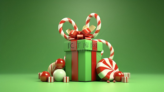 3D 渲染绿色背景圣诞横幅，配有礼品盒圣诞球糖果手杖和星星