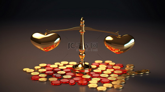 优先次序背景图片_平衡优先事项金币的 3D 渲染和秤上的心象征着金钱和爱情的重要性