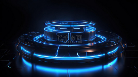 科幻未来派圆形平台蓝色霓虹灯照明讲台在黑暗背景下的 3D 渲染