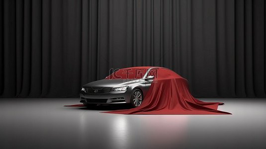 中性灰色背景 3D 渲染上用红布包裹的时尚汽车