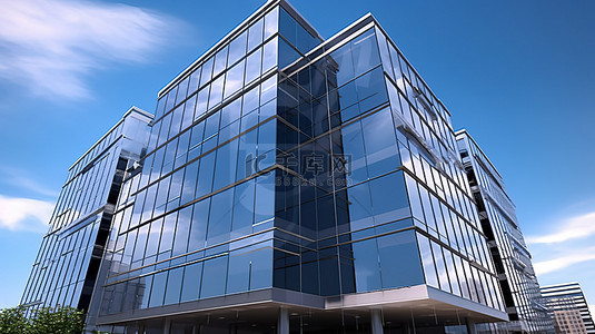 时尚的高层办公楼映衬着 3D 渲染的清澈蓝天