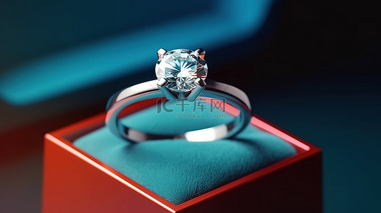 订婚请帖背景图片_持有钻石订婚戒指的蓝色盒子的 3D 渲染