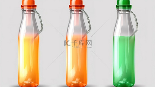 带隔离橙色和绿色硅胶手柄的玻璃水瓶的真实 3D 插图