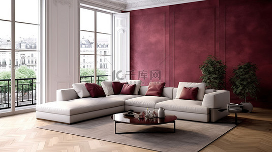 勃艮第和白色马桑德拉一个别致的客厅的 3D 渲染，配有宽敞的转角沙发