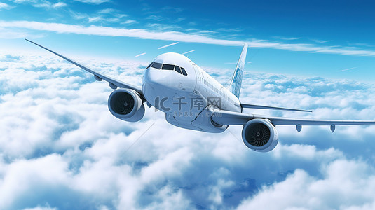 飞机空中背景图片_一架飞机在天空中飞行的 3d 插图