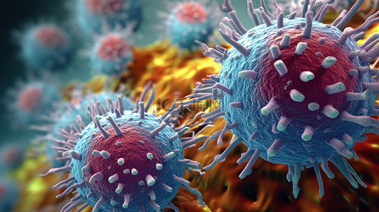 病毒细胞背景图片_3D 医学插图在显微镜下近距离观察流感病毒细胞