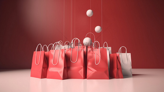 零售促销 3d 渲染购物袋，在销售活动背景上带有销售标签