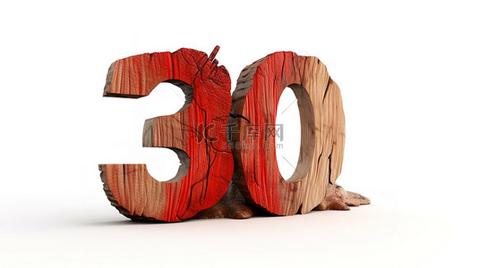 红色十周年庆典背景图片_隔离在白色背景 3d 木制数字三十，带有裂缝和红色突出显示