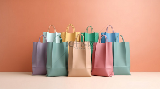 优雅的纸质购物袋在在线支付概念 3D 渲染中在米色和柔和的背景下漂流