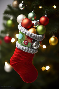 针织圣诞背景图片_装满圣诞装饰品的针织袜子