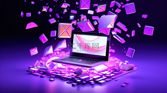 通过信封在线电子邮件概念传入的邮件和时事通讯通知的卡通插图在紫色背景上隔离 3D 渲染