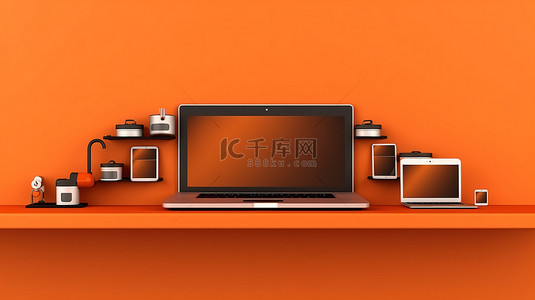 数字设备笔记本电脑手机和平板电脑的 3D 插图显示在充满活力的橙色架子横幅背景上