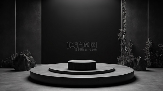 禅宗背景背景图片_黑暗讲台舞台的简约禅宗工作室 3D 插图