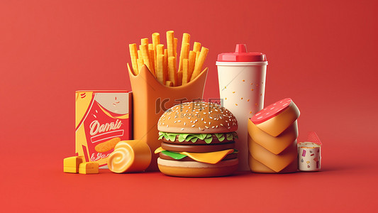 汉堡快餐背景背景图片_快餐食物汉堡红色背景