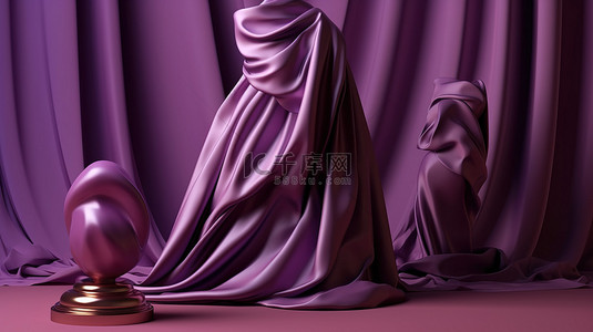 抽象时尚背景紫色丝绸和讲台在惊人的 3d 渲染