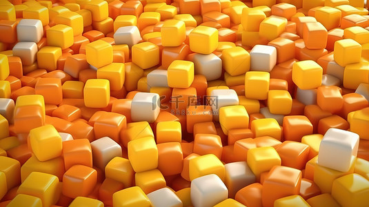 充满活力的 3D 渲染有趣的橙色和黄色立方体为您有趣的销售背景