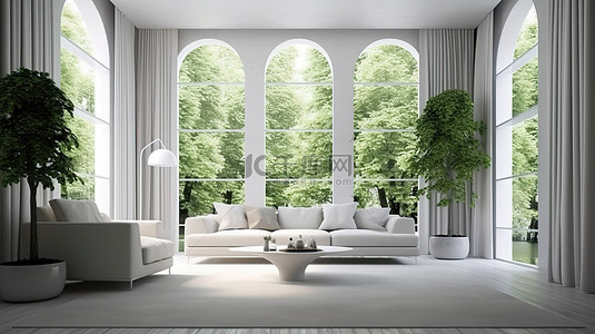 当代白色客厅，享有令人惊叹的自然景观 3D 渲染