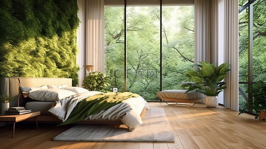 室内样机背景图片_现代卧室配有宽敞的窗户和日出照明 3D 插图中宁静的室外景观