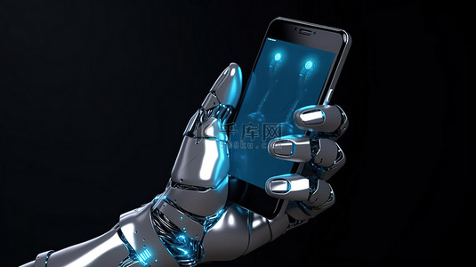 银行科技背景图片_创新的移动银行技术 3D 渲染机器人或机器人手拿着空白屏幕手机