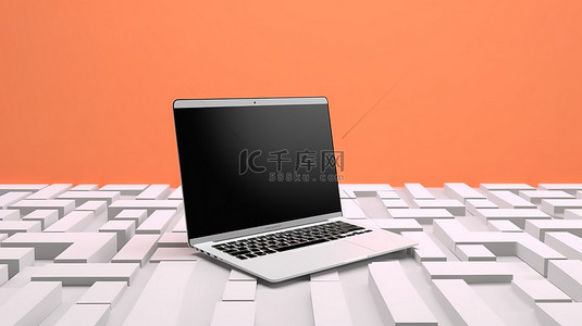 3D 渲染开放式白色笔记本电脑在图案背景上的完美模板，适合您的设计