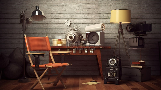 怀旧的老式电视导演椅电影拍板和扩音器在旧式照片的木桌上