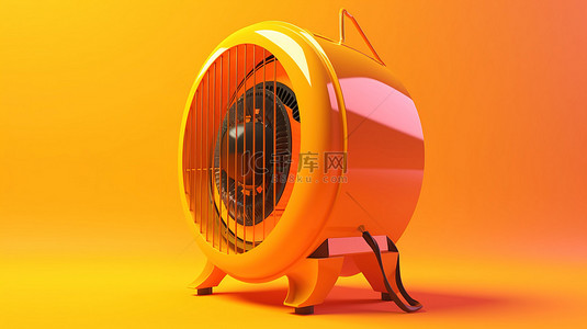 充满活力的风扇加热器在黄色背景下以 3D 渲染展示