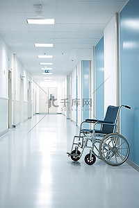 一名坐在轮椅上的病人正沿着医院空荡荡的走廊行走