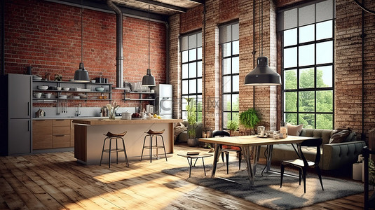 平面設計背景图片_带有开放式平面和砖墙的客厅和厨房的工业风格 3D 渲染
