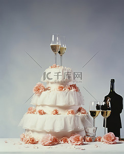 婚礼蛋糕上面放着酒杯和香槟