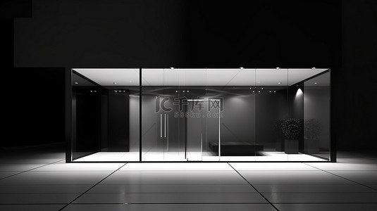 店面租赁背景图片_空置的店面以 3D 渲染展示时尚的黑色铝和玻璃设计元素