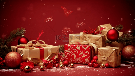 红色浪漫唯美背景图片_圣诞节红色礼品唯美冬季白色雪花