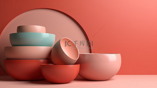 现实场景背景图片_用于现代背景设计的抽象极简主义碗堆的简单干净的 3d 渲染