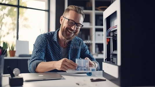 完成gif背景图片_高兴的男设计师在 3D 打印机前微笑着完成他的项目