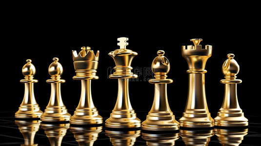 团队合作在黑色背景上闪耀着 3D 渲染的金色国际象棋集合