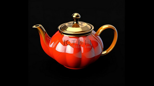 俯拍茶壶茶杯背景图片_3D 渲染的独立橙色茶壶，采用黑色和红色设计，非常适合下午茶时间