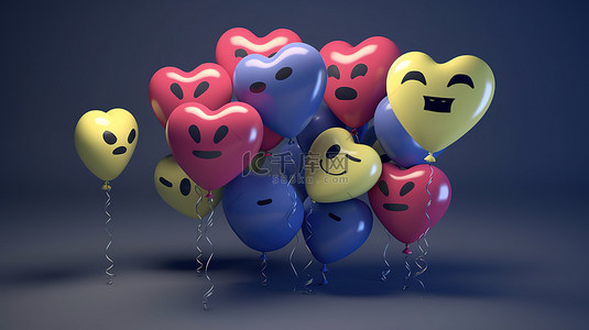 爱情表情背景图片_3D 渲染的气球象征爱情表情符号 Facebook 在社交媒体平台上的反应