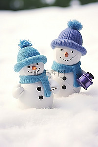 两个戴着蓝色帽子的雪人