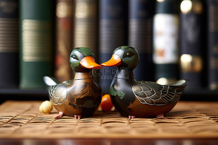 两个小鸭子雕像坐在书籍和东方装饰品上