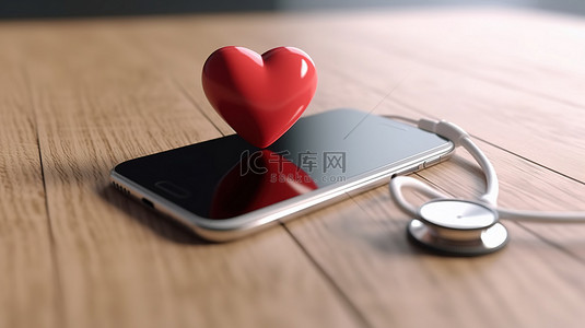 手和心背景图片_智能手机上空白屏幕的医疗保健检查应用程序模型，由 3D 渲染听诊器和红心支持