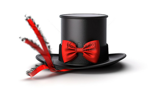 迷人配饰红丝带黑色高顶帽子和魔杖 3D 隔离