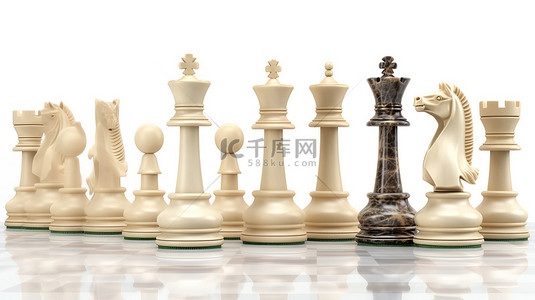白色背景中的皇后棋子 3D 渲染图像