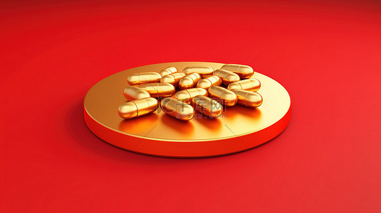 药物 3d 图标呈现社交媒体符号，红色背景上带有金色药丸