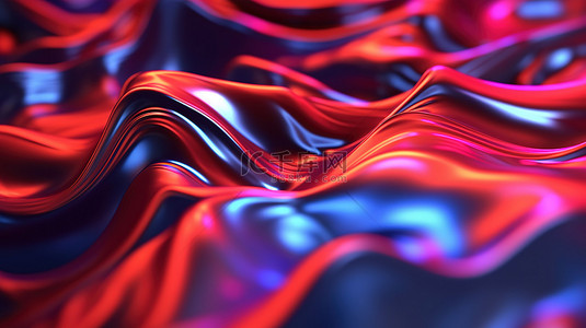 流体霓虹背景图片_抽象 3D 渲染箔中的全息油表面背景和带有霓虹红黑色光谱颜色的波浪表面