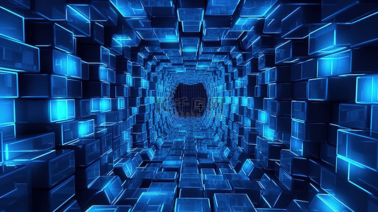 霓虹蓝色反射立方块在 3D 渲染插图中形成波浪弯曲的抽象隧道